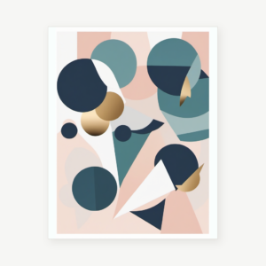 Abstract geometric print in navy, teal, blush pink and gold
